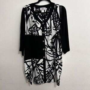 Moonlight Geometric‎ Lagenlook Top Tunic Blouse Art Wear Black White Abstract S